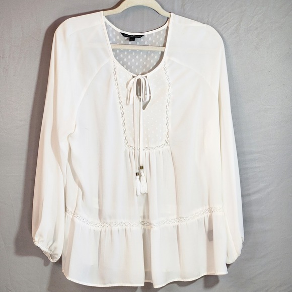 Signature Tops - Signature Studio Blouse Women's Lg. Boho Cream Peasant Sleeve Embroidery Crochet